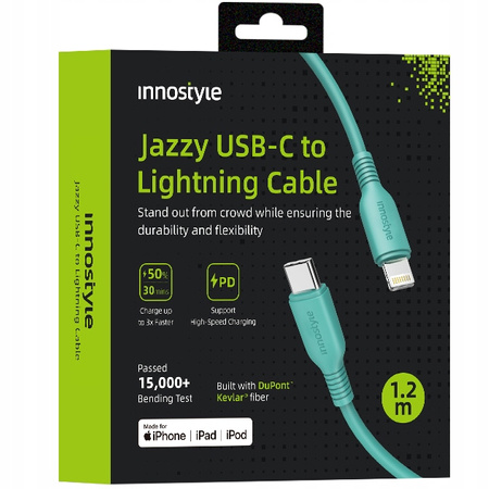 INNOSTYLE JAZZY KABEL USB-C LIGHTNING MFI SZYBKIEGO ŁADOWANIA DO IPHONE KEVLAR 1M ZIELONY
