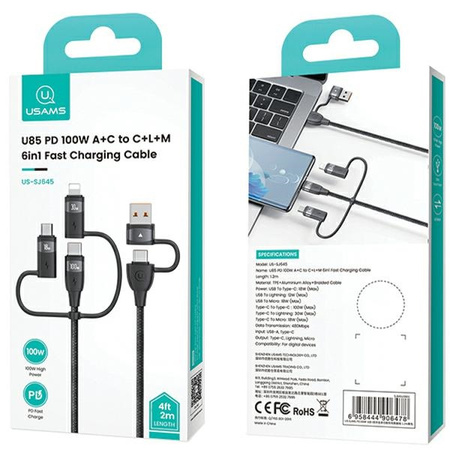 USAMS KABEL 6W1 USB-C MICRO-USB DO LIGHTNING DO TELEFONÓW OPPO VIVO 2M 100W