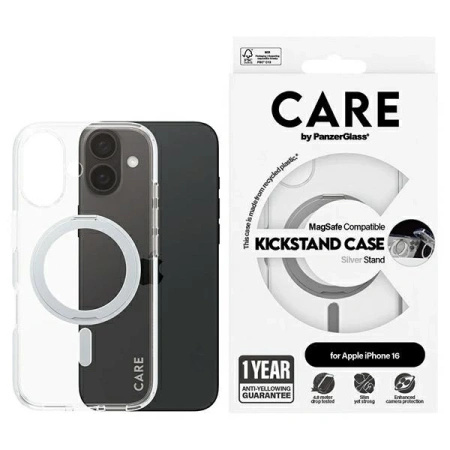Etui CARE by PanzerGlass Feature Kickstand Case z MagSafe na iPhone 16 - srebrne