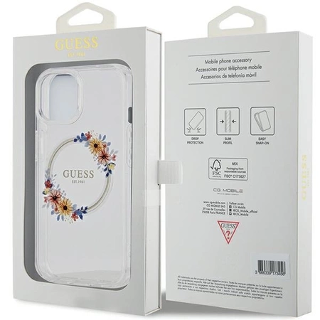 Etui Guess IML Flowers Wreatch MagSafe na iPhone 15 / 14 / 13 - przezroczyste