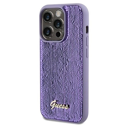 Etui Guess Sequin Script Metal na iPhone 14 Pro - fioletowe