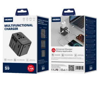 JELLICO uniwersalny adapter podróżny S9 PD 2xUSB-C + 1xUSB 3.4A Max 2500W Czarny