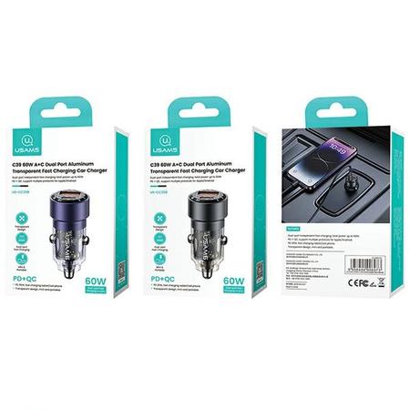 USAMS ŁADOWARKA SAMOCHODOWA C39 60W DO TELEFONÓW USB USB-C SZYBKA ŁADOWARKA