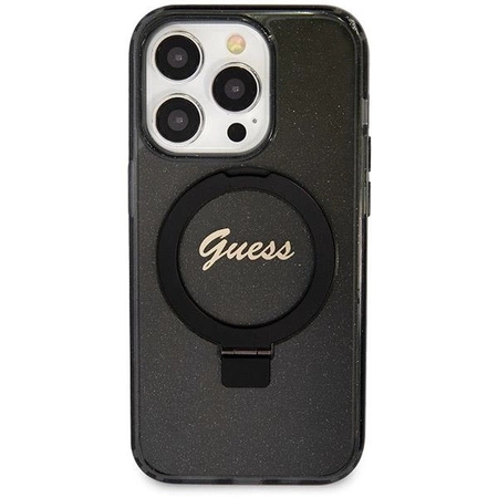 Etui Guess Ring Stand Script Glitter MagSafe na iPhone 14 Pro - czarne