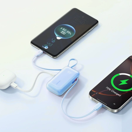 Powerbank Joyroom JR-PR2L 10000mAh 35W z wbudowanym zwijanym kablem USB-C i kablem-smyczą Lightning - niebieski
