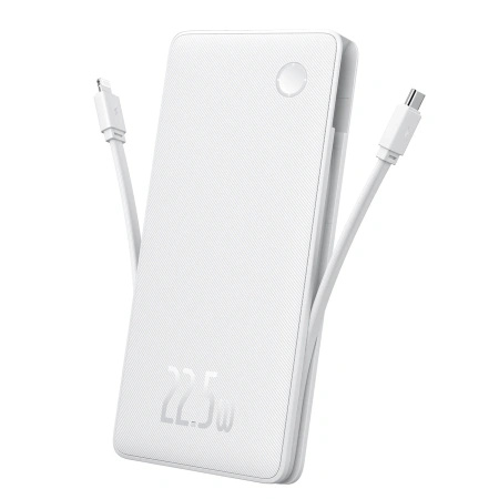Powerbank Baseus Airpow Lite 10000mAh 22,5W z wbudowanymi kablami USB-C i Lightning - biały