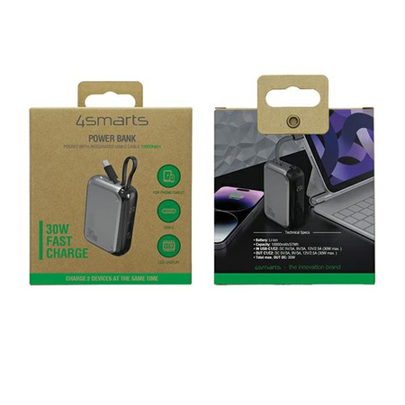 4SMARTS POWERBANK 10000MAH 30W DO TELEFONÓW Z WBUODOWANYM KABLEM USB-C 15CM