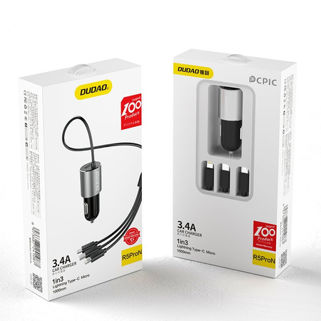 Dudao 3w1 ładowarka samochodowa USB 3,4 A wbudowany kabel Lightning / USB Typ C / micro USB czarny (R5ProN black)