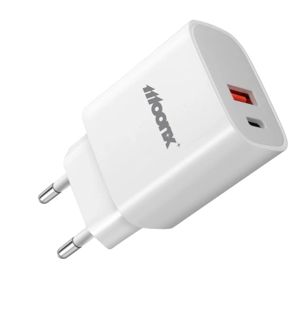 MOONX ładowarka sieciowa MC04 PD 20W 1xUSB-C + 1xUSB QC3.0 + kabel USB-C - USB-C Biały
