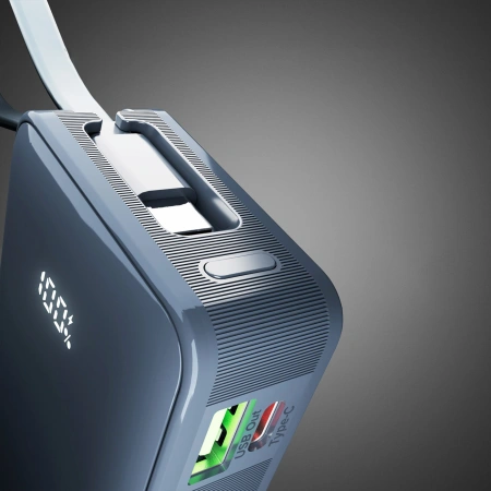 Powerbank SBS 10000 mAh 20W z wbudowanym kablem USB-C i wyświetlaczem cyfrowym - ciemnoszary