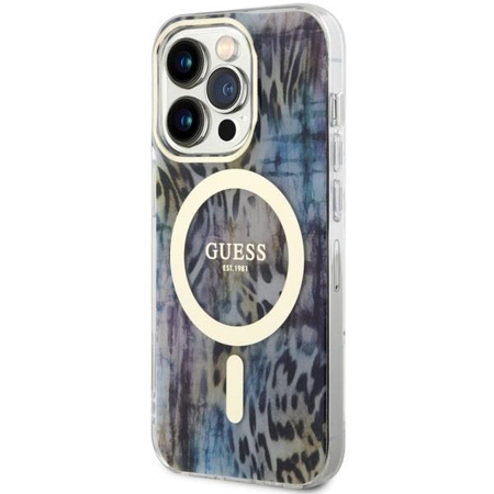 Etui Guess GUHMP14LHLEOPWB na iPhone 14 Pro - niebieskie Leopard MagSafe