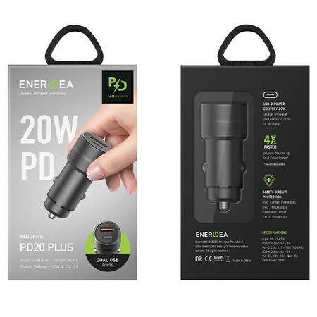 ENERGEA ŁADOWARKA SAMOCHODOWA 1XUSB 1XUSB-C PD-QC3.0 DO TELEFONÓW 38W ALU