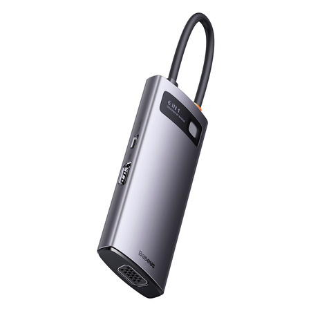 Baseus Metal Gleam Series stacja dokująca HUB 6 w 1 USB Typ C - 1 x HDMI / 3 x USB 3.2 Gen. 1 / 1 x Power Delivery / 1 x VGA szary (WKWG030013)