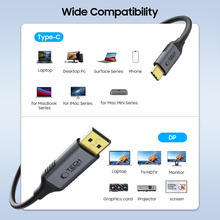 TECH-PROTECT PRZEJŚCIÓWKA USB-C DO DISPLAYPORT 1.4 8K 180CM DO MONITORÓW TV
