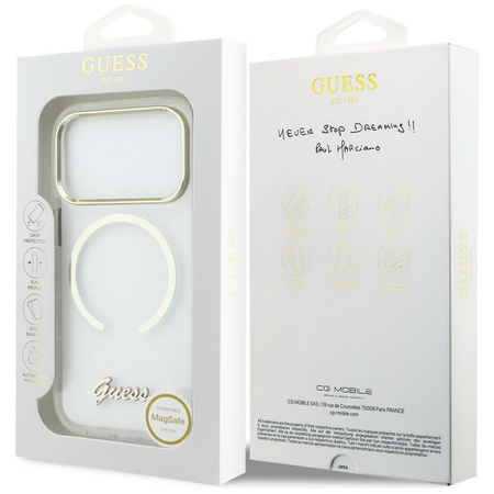 Etui Guess IML Script Metal MagSafe do   iPhone 17 Pro Max przezroczysty
