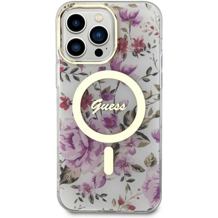 Etui Guess GUHMP14LHCFWST na iPhone 14 Pro - przezroczyste hardcase Flower MagSafe