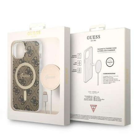 Guess zestaw ładowarka MagSafe + etui do iPhone 14 Plus 6,7" brązowe 4G Print (GUBPP14MH4EACSW)