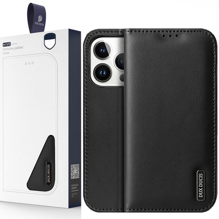Dux Ducis Hivo skórzane etui z klapką pokrowiec ze skóry naturalnej portfel na karty i dokumenty iPhone 14 Pro Max czarny
