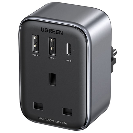 Ładowarka sieciowa 30W (2xUSB/USB C/AC) / adapter UK - EU 13A Ugreen CD314 - czarna