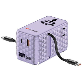 Verbatim Adapter podróżny EU/UK/US GaN   1xUSB-C/1xUSB-A/2xUSB-C PD 70W fioletowy 30188