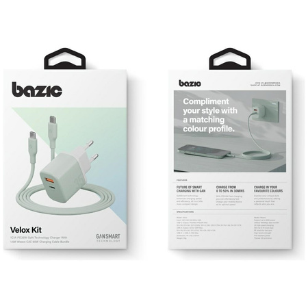 Ładowarka sieciowa Bazic GoPort Velox    Kit USB-C/USB-A GaN 35W z kablem zielony