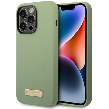 Etui Guess GUHMP14XSBPLA na iPhone 14 Pro Max 6.7" zielony/khaki Silicone Logo Plate MagSafe