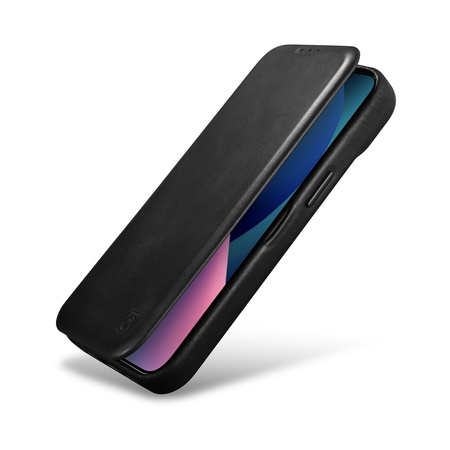 iCarer CE Oil Wax Premium Leather Folio Case skórzane etui iPhone 14 z klapką magnetyczne MagSafe czarny (AKI14220705-BK)