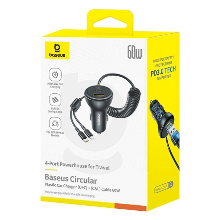 BASEUS ŁADOWARKA SAMOCHODOWA CIRCULAR 60W Z USB-A USB-C DO LIGHTNING