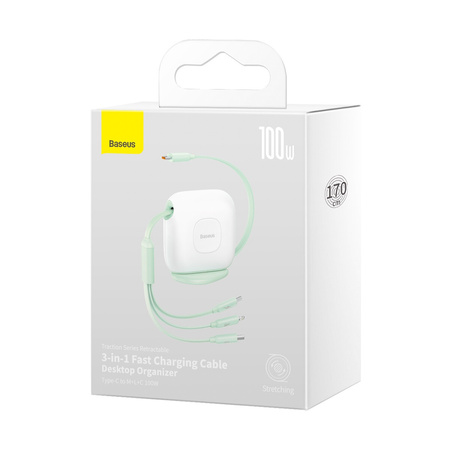 Baseus Traction Series zwijany kabel 3 w 1 USB Typ C - micro USB / USB Typ C / Lightning Power Delivery 100W 1,7m zielony (CAQY000006)