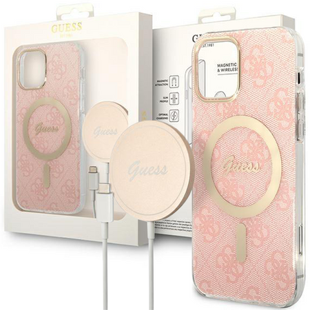 Zestaw Guess GUBPP13LH4EACSP Case+ Charger iPhone 13 Pro różowy/pink hard case 4G Print MagSafe