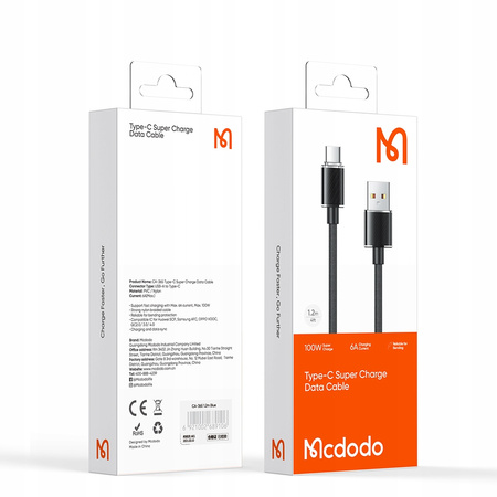 Kabel USB-C, Mocny, Super Szybki, Mcdodo, 100W, 1.2M, czarny