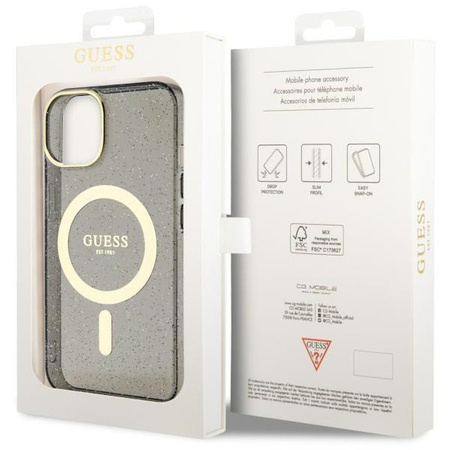 Etui Guess GUHMP14SHCMCGK na iPhone 14 - czarne Glitter Gold MagSafe