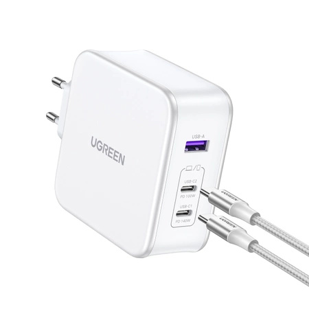 Ładowarka sieciowa GaN Ugreen Nexode CD289 USB-A/2xUSB-C 140W + kabel USB-C - USB-C 1.5m - biała