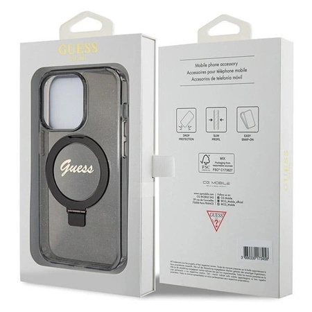 Etui Guess Ring Stand Script Glitter MagSafe na iPhone 13 Pro / 13 - czarne
