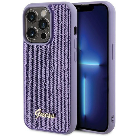 Etui Guess Sequin Script Metal na iPhone 15 Pro - fioletowe