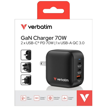 VERBATIM ŁADOWARKA SIECIOWA MINI GAN 70W 2XUSB-C PD 1X USB-A QC