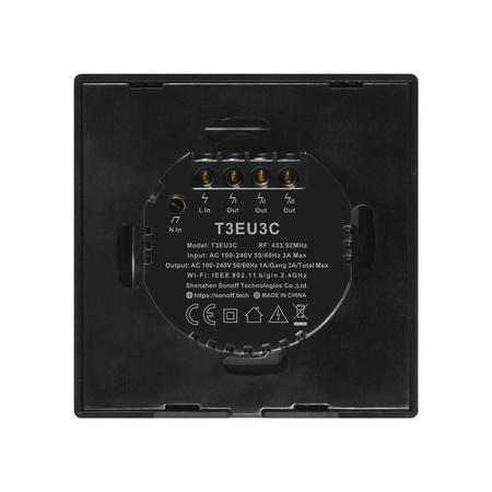Sonoff T3EU3C-TX trzykanałowy dotykowy włącznik światła przełącznik przycisk Wi-Fi 433 MHz RF czarny (IM190314020)