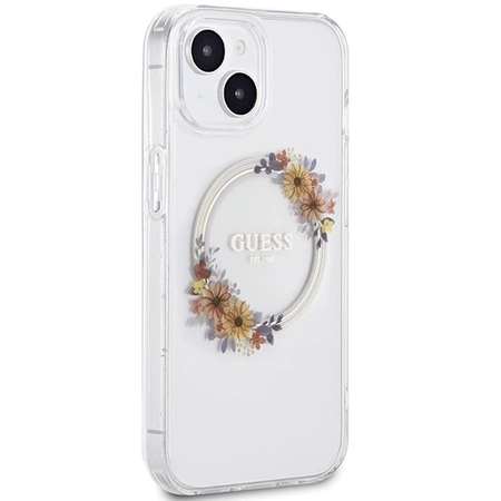 Etui Guess IML Flowers Wreatch MagSafe na iPhone 15 / 14 / 13 - przezroczyste
