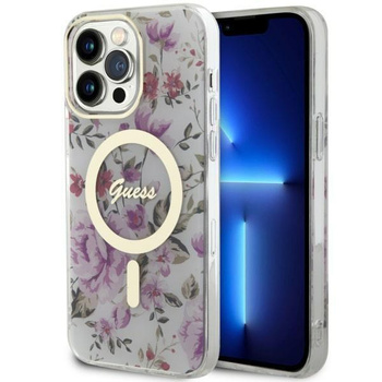 Etui Guess GUHMP14LHCFWST na iPhone 14 Pro - przezroczyste hardcase Flower MagSafe
