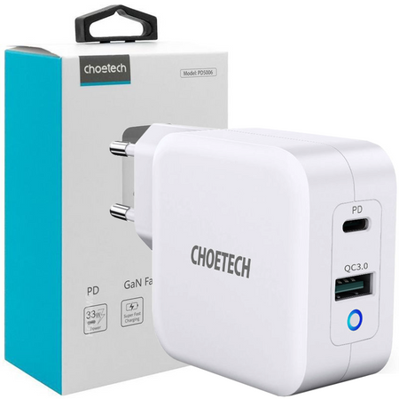 Choetech szybka ładowarka sieciowa GaN USB Typ C PD USB-A QC3.0 65W 3,25A biały (PD8002)