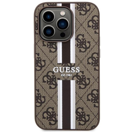 Etui Guess GUHMP14LP4RPSW na iPhone 14 Pro - brązowe 4G Printed Stripes MagSafe