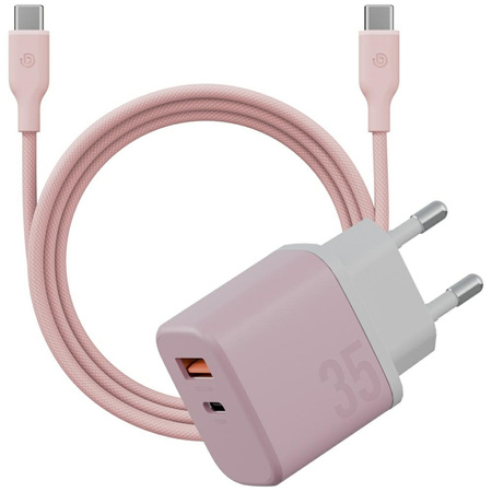 Ładowarka sieciowa Bazic GoPort Velox Kit USB-C/USB-A GaN 35W z kablem różowy