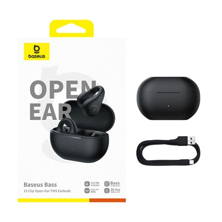 Słuchawki Baseus Bass 15 Clip OWS bezprzewodowe z kablem Baseus Simple USB-C 3A 30cm - czarne