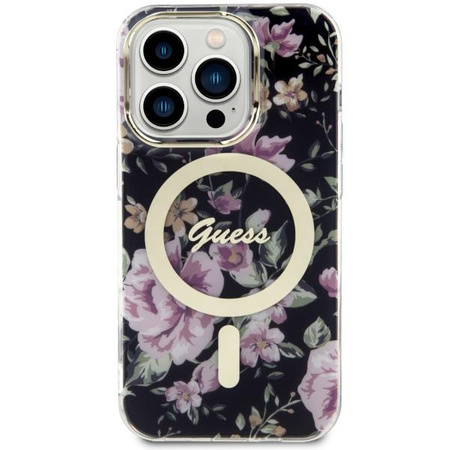 Etui Guess GUHMP14LHCFWSK na iPhone 14 Pro - czarne Flower MagSafe