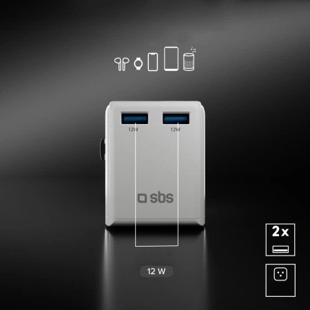 Adapter podróżny SBS uniwersalny - EU 2xUSB-A - biały