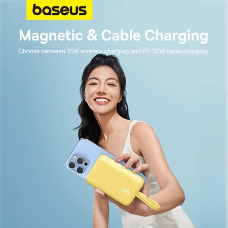 Powerbank Baseus Magnetic Mini MagSafe 10000mAh 20W z wbudowanym kablem Lightning - żółty + kabel Baseus Simple Series USB-C - USB-C 60W 0.3m