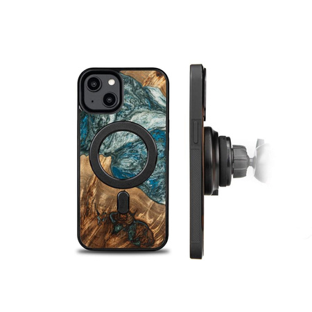 Etui z drewna i żywicy na iPhone 15 Plus MagSafe Bewood Unique Planeta Ziemia - niebiesko-zielone