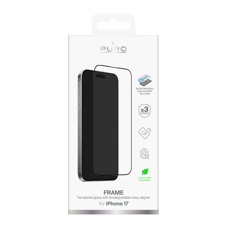 Szkło hartowane Puro Frame na iPhone 17 z aplikatorem i czarną ramką