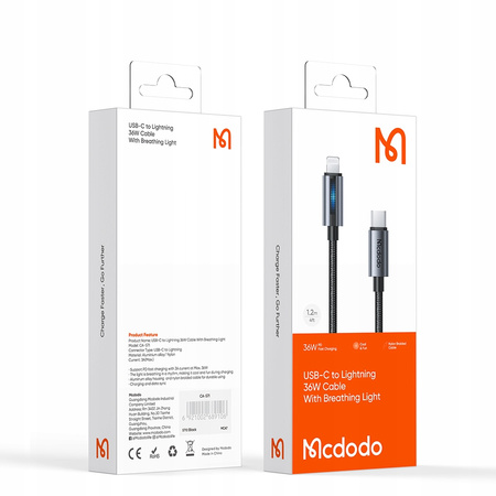 MCDODO ŁADOWARKA KABEL USB-C LIGHTNING SZYBKIEGO ŁADOWANIA DO IPHONE 1M LED