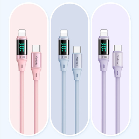 MCDODO KABEL Z WYŚWIETLACZEM USB-C LIGHTNING 36W 2M DO IPHONE 14 FIOLETOWY